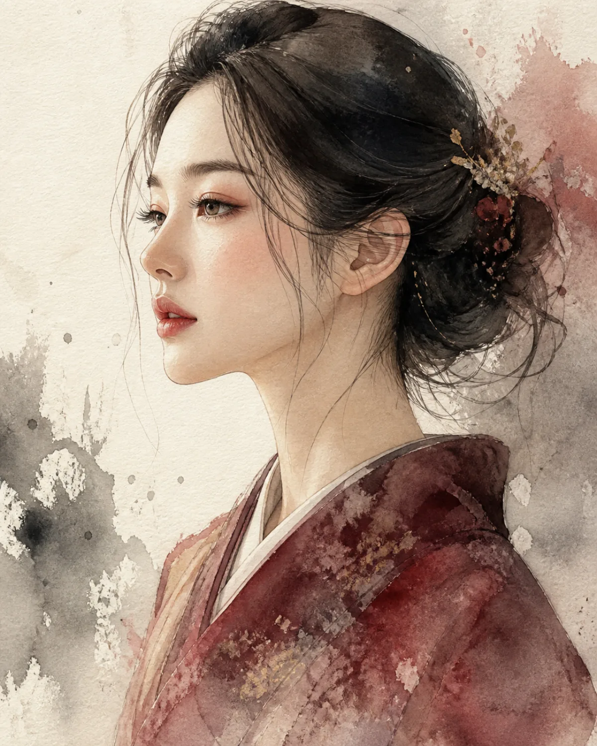 紅の余韻 — 女性を描いた水彩作品のイメージ